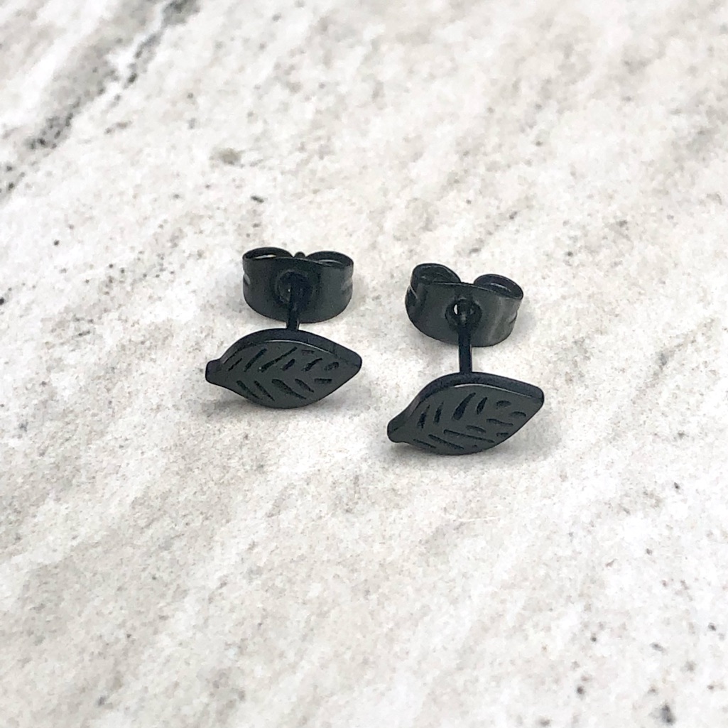 Black Surgical Steel Leaves Earrings